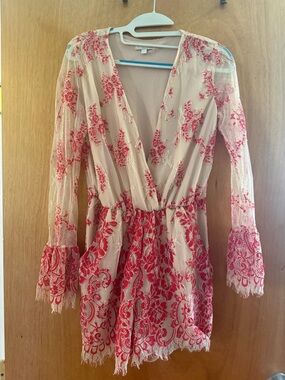 V-Neck Lace Floral Mini Romper in Cream and Red